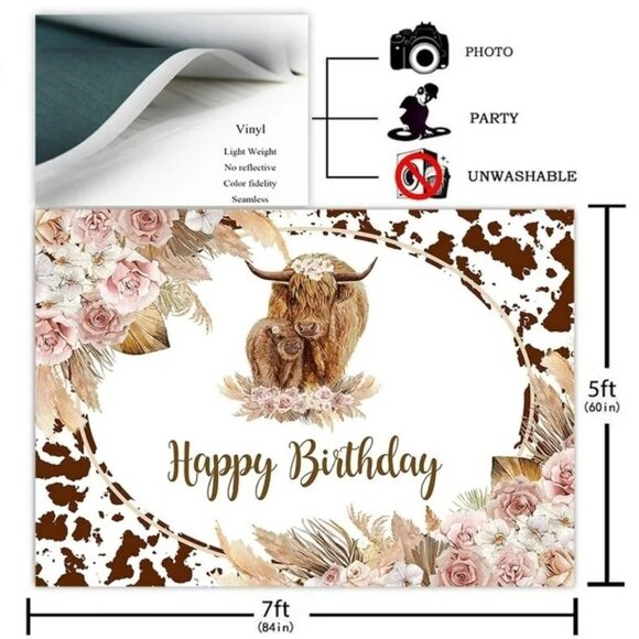 Highland Cow Birthday Decor Party Photo Background Theme for Girls 84X60 - Picture 1 of 6